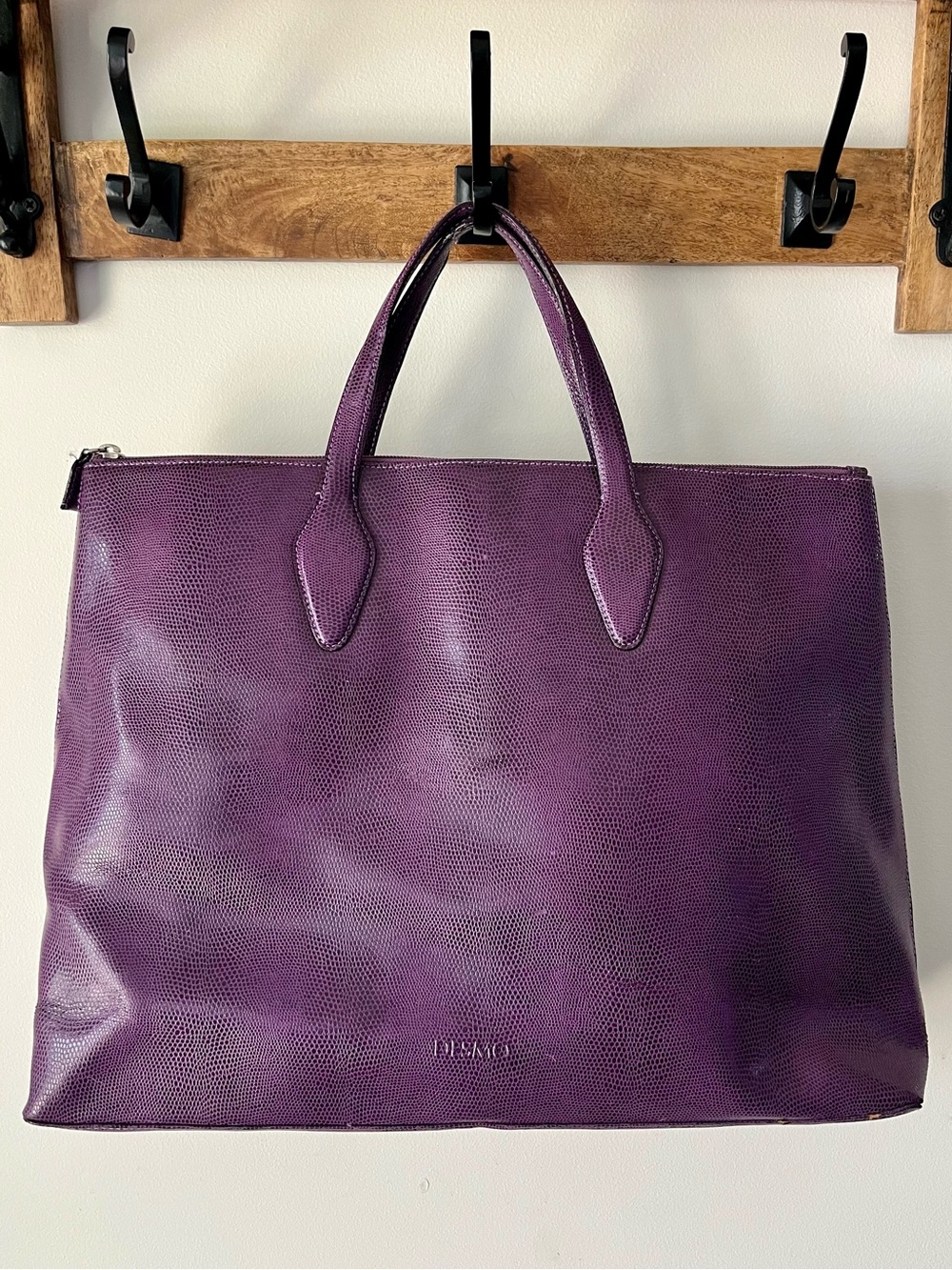 Italian Leather Oversized Tote by Demo, Italy.  Rich Purple Lizard Embossed